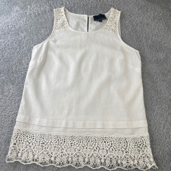 Cynthia Rowley Tops - Cynthia Rowley Tank Top Womens l White Linen Blend Crochet Lace‎ Hem Boho Chic